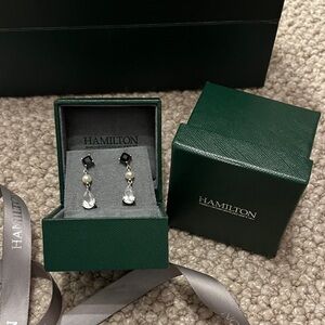 Black Onyx, Pearl and White Quartz Drop Earrings in Hamilton Gift Box